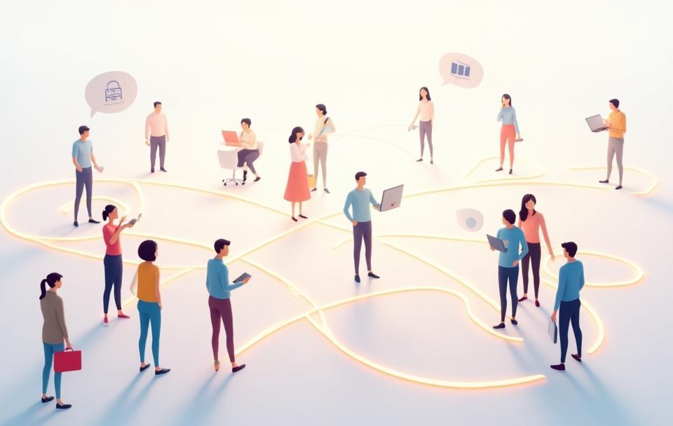 Illustration representing a network of connected people and ideas flowing between nodes