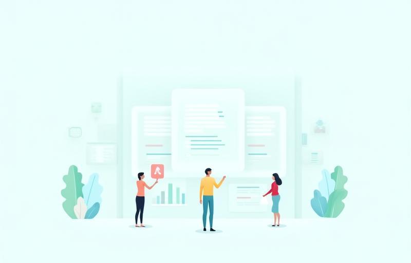 Illustration representing data, documents, and knowledge sharing among interconnected figures